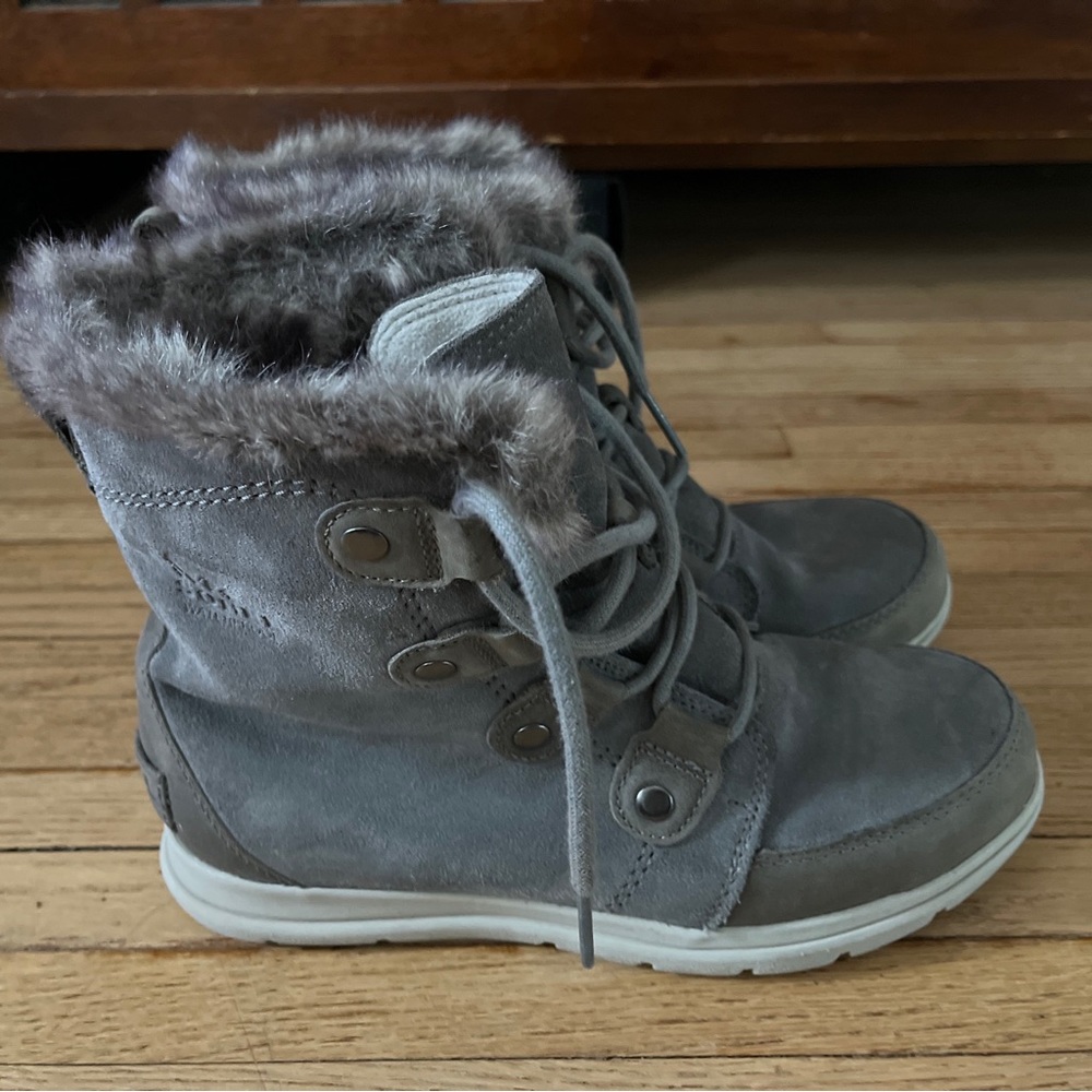 SOREL Women's Gray/Khaki Suede/Leather Explorer Joan Sneaker Boots Faux Fur 8.5